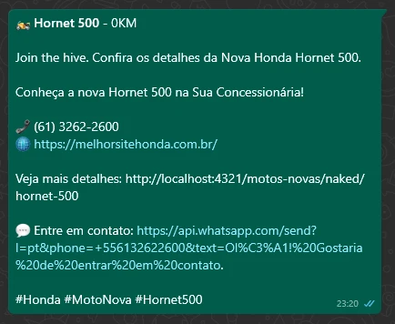 Exemplo de como o link da moto aparece ao ser compartilhado, com preview rico.