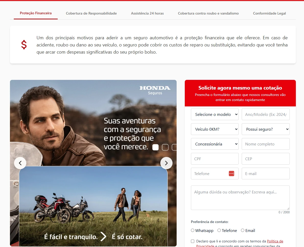 Visão geral da nova página de Seguros.