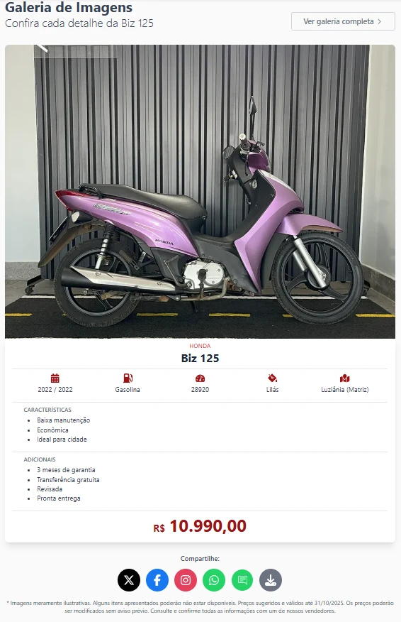 Interface melhorada da página de motos seminovas com cards responsivos e filtros otimizados